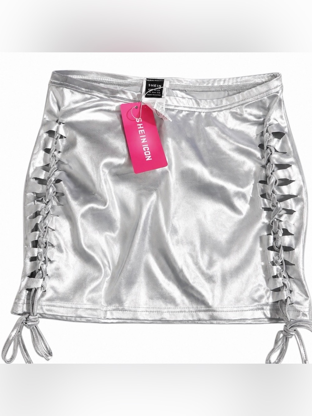 SHEIN Silver Satin Lace-Up Mini Skirt with Branded Tag